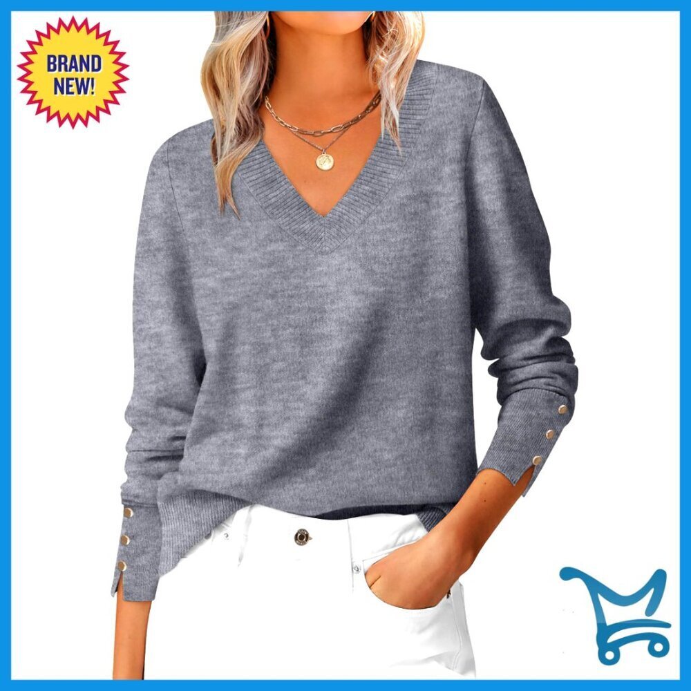 V Neck Long Sleeve Pullover Sweater Business Casual Work Blouse Loose Knit